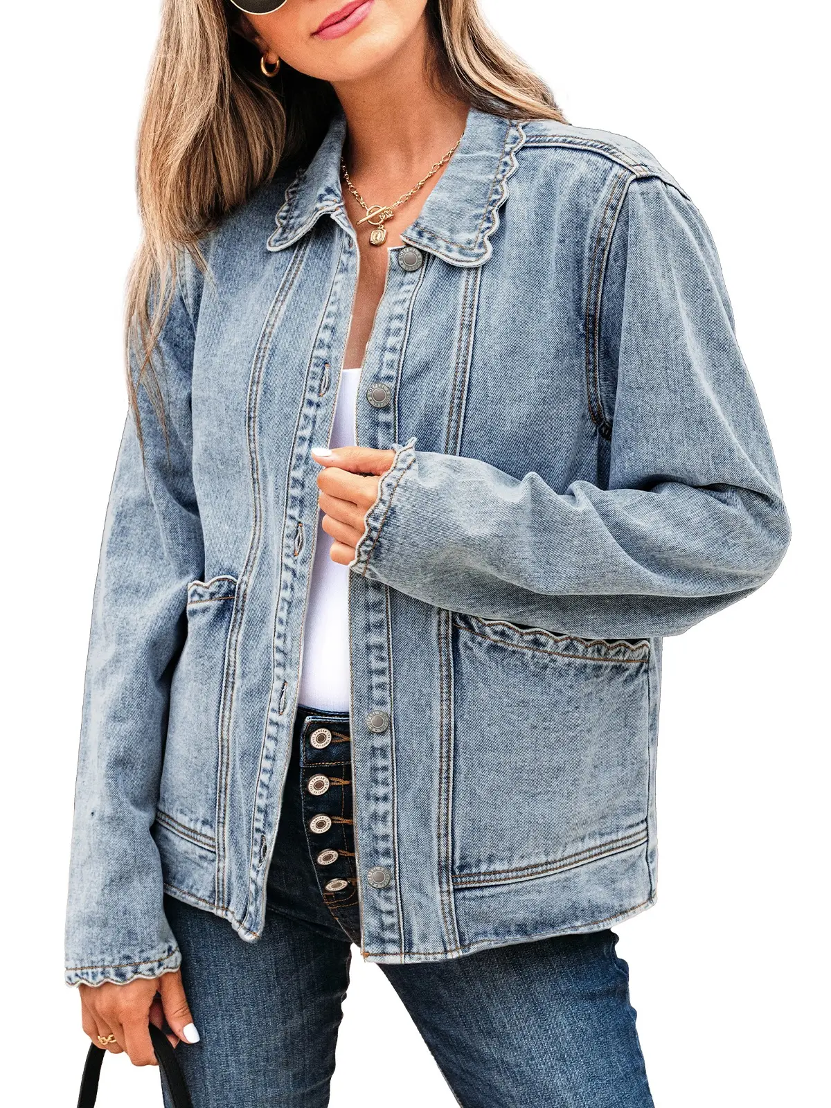 Sidefeel Women's Jean Jacket Long Sleeve Button Down Ruffled Denim Jacket Shacket DealsForYouDays summerwins WeeklyDeals Summer Outfit