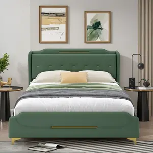 Queen Size Leather Bed frame with Wingback Headboard & Footboard, PU Upholstered Platform bed, Solid Wooden Slats Support, Easy Assembly