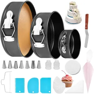 102Pcs Cake Pan Set Cake Decorating Kit with 3 Nonstick Round Springform Pan (4, 6.7, 8.3 inch) Piping Bag Tip Cupcake Leveler Cheesecake Tin Baking Tools Supplies Silver Present