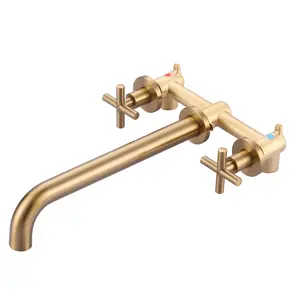 WOWOW Brushed Gold Wall Mount Tub Filler Bathroom Tap - 2 Cross Handles, Long Spout Reach, Included Brass Rough-In Valve