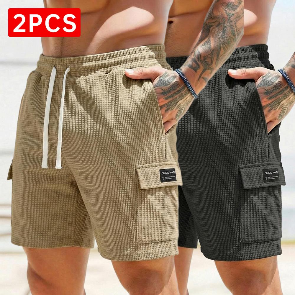 3-pack men’s waffle cargo shorts with a drawstring elastic waistband—breathable and comfortable, slimming and versatile, featuring textured fabric and multiple pockets—ideal for everyday summer outings.