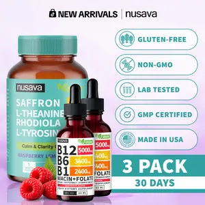 NUSAVA Calm Energy Stack | Saffron Gummies + B12 Liquid Drops | Daily Mood, Focus & Sustained Energy Support | Saffron Extract, L-Theanine, Rhodiola + B12, B6, Folate | Vegan | Caffeine-Free | 2-Product Bundle