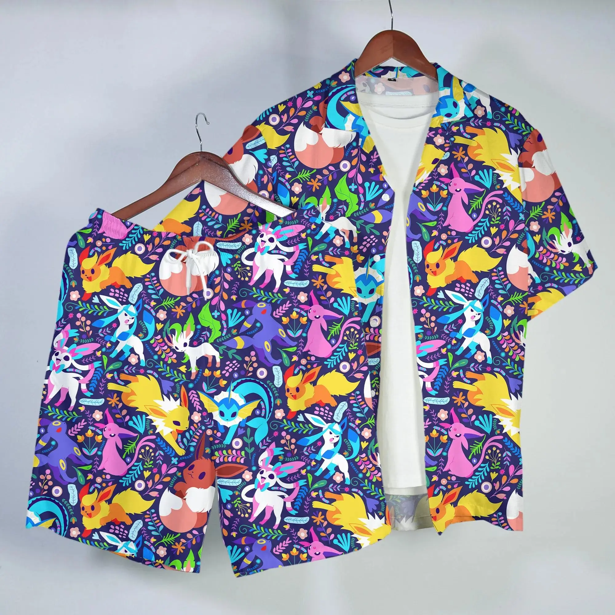 Umbreon Eevee Hawaiian Shirt Tropical Button Up Shirt Summer Beach Short Night Fantasy Pattern Matching Set Unisex Outfit Umbreon Shirt Gift