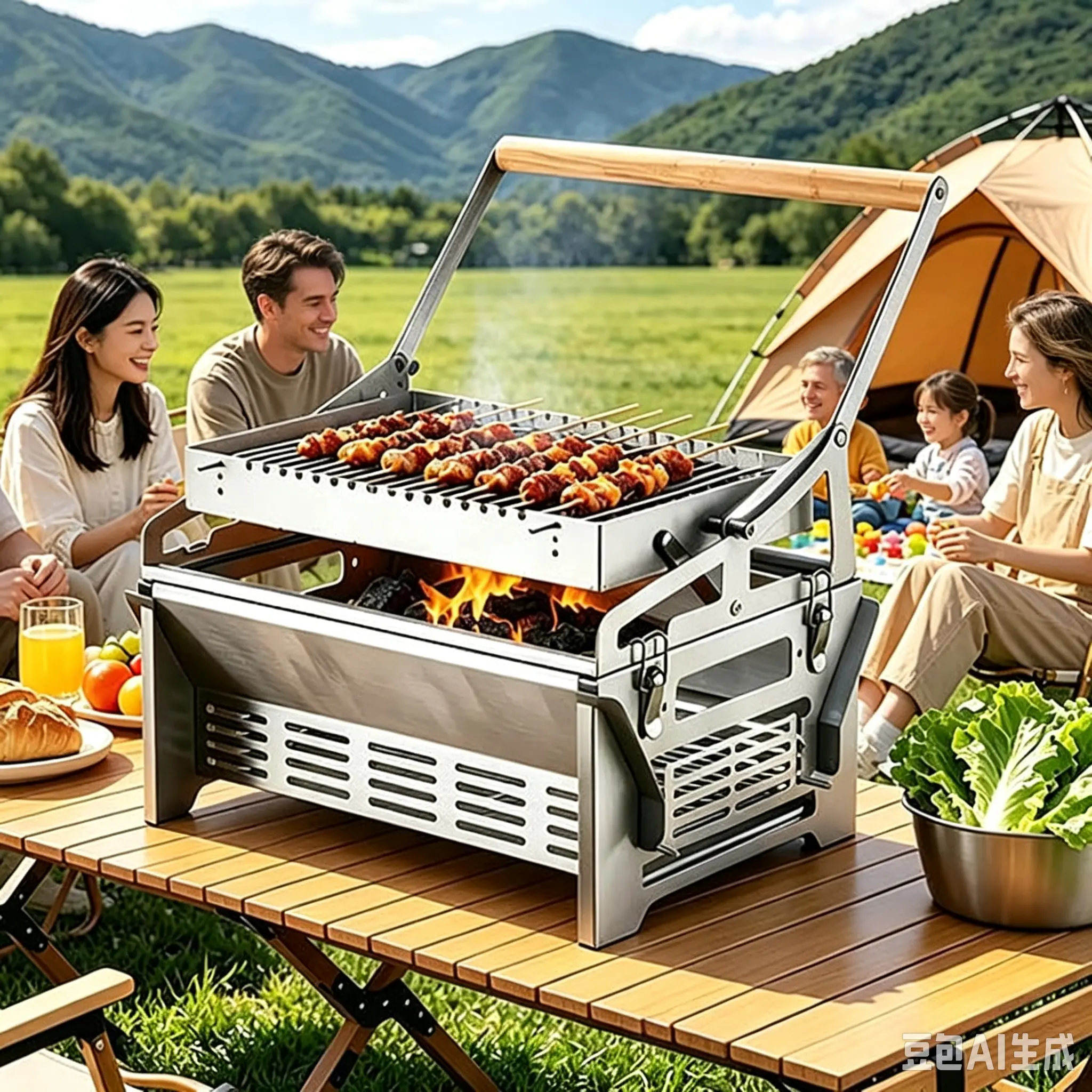 Portable Dual Fuel BBQ Grill - 360° Flip Steel Basket, Steel Frame, Compact, Wood-Compatible, Easy Disassembly, Easy Cleaning, Ideal for Camping (Portability Focus Outdoor Cooking Tool)