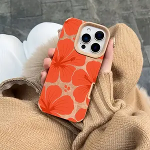 Trendy Orange Hawaiian Flower Faux Leather TPU Cellphone Case - Protective Accessory, Cover, Protector for iPhone 17, 17 Pro Max & Other Series, Ideal Birthday Gift summerwins