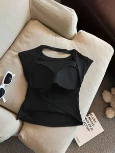 [HANNAH] Women's Solid Color Round Neck Backless Fitted Tank Top