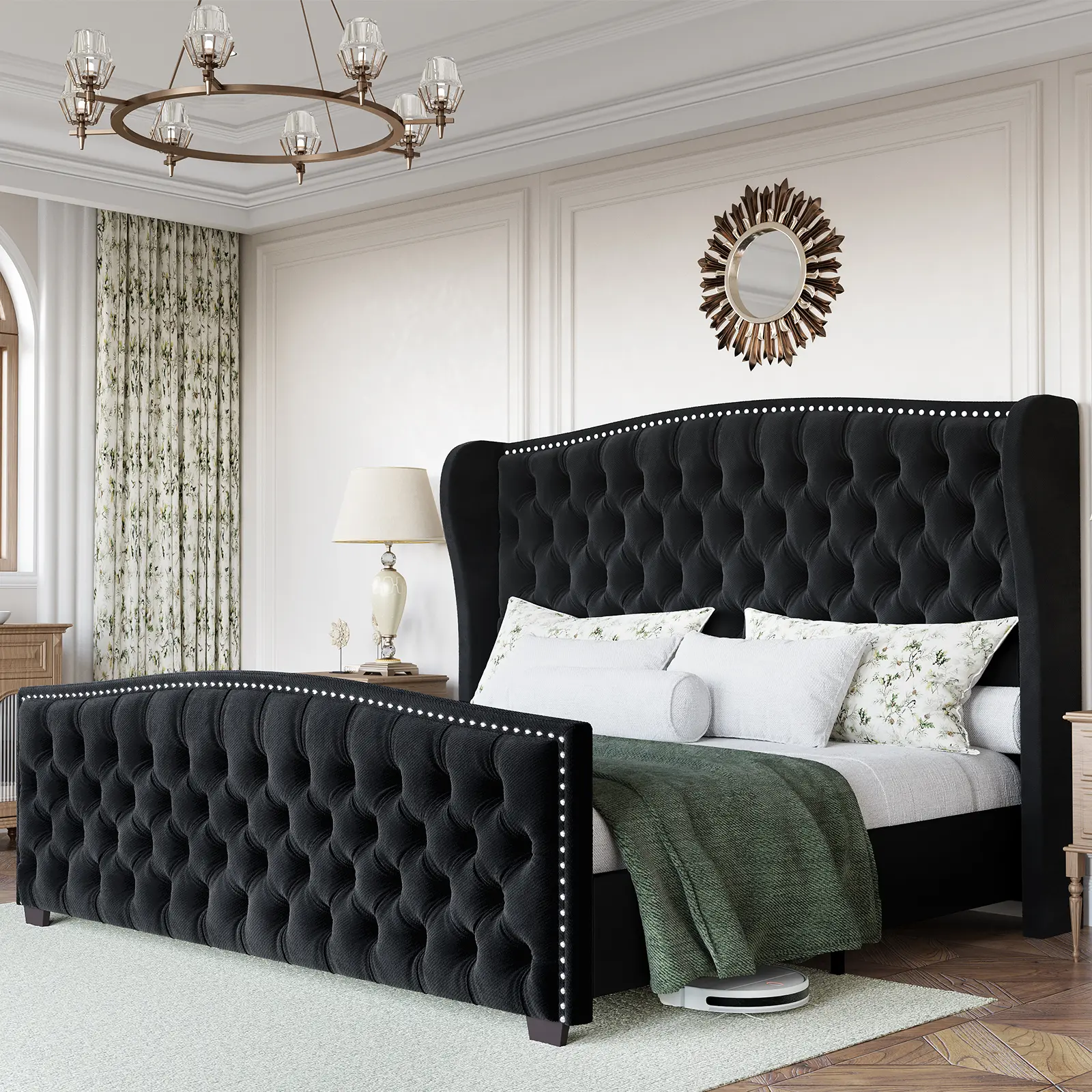 [Summergarden][Fathersdaygift] AMERLIFE Modern Bed Frame with Wingback Headboard, Upholstered Bed Frame with Handmade Button Tufted & Nailhead, Wooden Slats Support/Luxury Bedroom Furniture/Queen/King/California King Size/Best Gift Ideas/Christmas Gifts