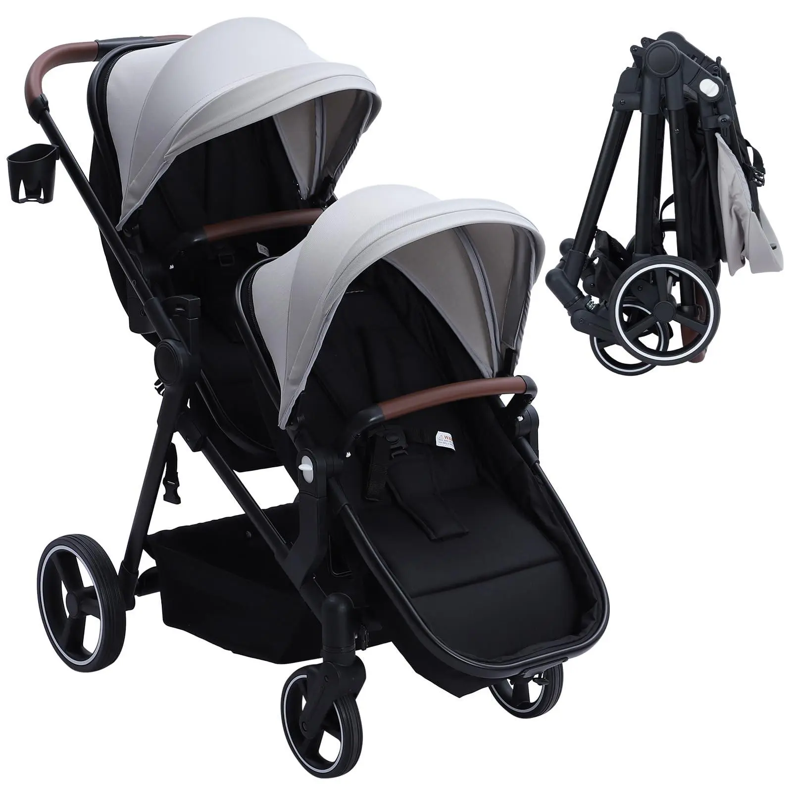 GAOMON Tandem Double Stroller Newborn and Toddler, Foldable Twin Stroller with Reversible Seat, 5-Point Safety Harness, Adjustable Backrest & Canopy, Storage Basket, Light Grey