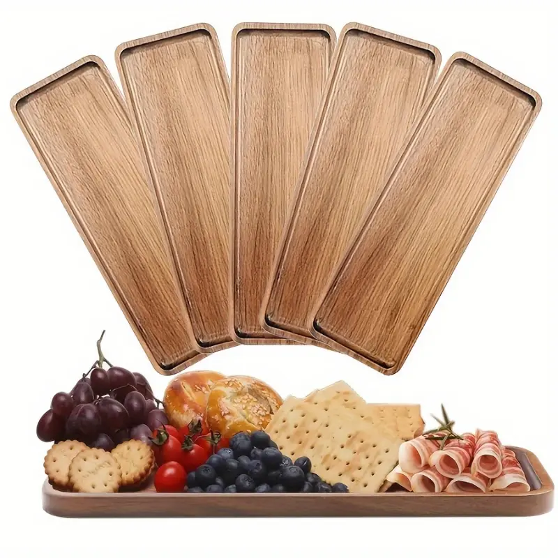 5pcs Polished Rectangular Acacia Solid Wooden Plates - 11.4in Food-Safe Durable Home Supplies for Desserts, Easter Use