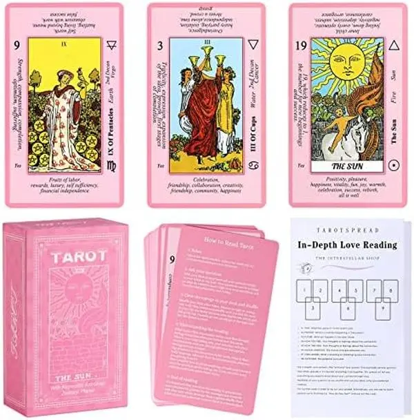 Pink Tarot Cards Deck Set for Beginners with Meanings On Them-Tarot Card with Guidebook-(Free Velvet Tarot Bag Pouch)
