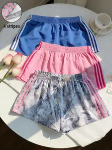 3-Pack Summer Sporty Fashion Solid/camo Print Side Stripe Casual Shorts, Elastic Waist, Loose-Fit, Daily Wear Women's Bottoms
