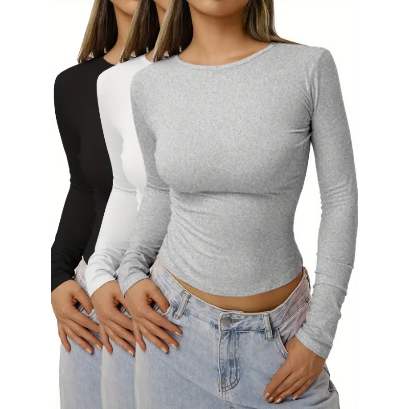 Women's 3-Pack Solid Stretch Knit Fabric Long-Sleeve Crew Neck T-Shirts - Polyester Spandex Casual Tops for Sports, Outdoor Activities, Long Sleeve Shirt, Light Stretch, All Seasons, Jersey Spandex, Dry Clean, Machine Washable, Plain, Elastane, Tshirt, At