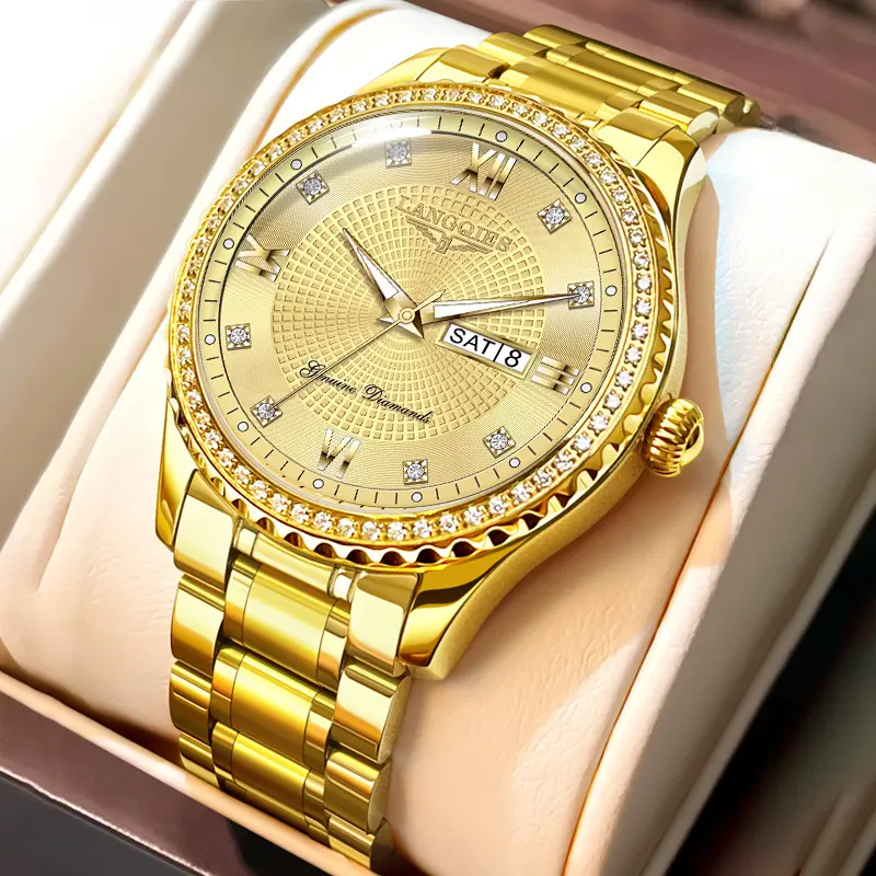 LANGQIES Exquisite Diamond Men's Watch with Dual Calendar Sapphire Crystal 42mm Dial Elegant Versatile Gift for Any Occasion
