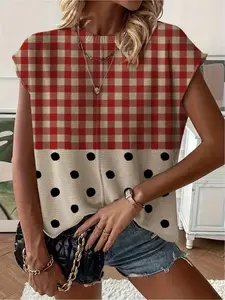 Spring/Summer crew neck drop-shoulder loose fit contrast plaid & polka dot print short-sleeve women's knit top, vacation style, casual elegant commute, ladies short-sleeve knit top, Womenswear, bikini cover-up.
