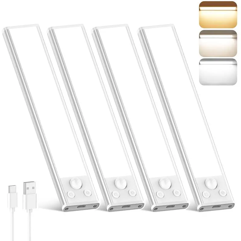 4 Pack Under Cabinet Lights, 3 Color Temps Motion Sensor Closet Lights Indoor, LED Rechargeable Wireless Under Counter Lights for Kitchen, Wardrobe, Pantry, Closet, Bathroom, Stairs, Cabinet & Garage, Nighttime Anti-fall Decorative Lamp, Gifts for Mom