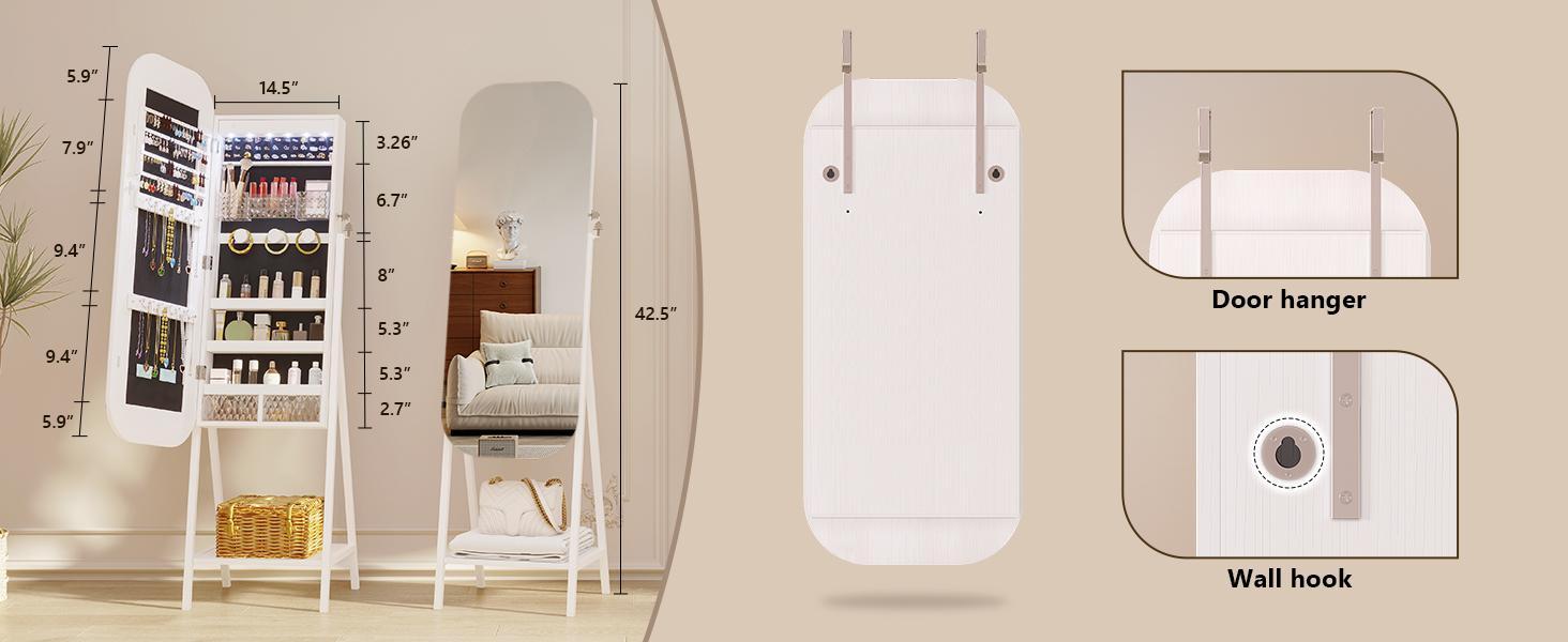 Miu LED Mirror Jewelry Cabinet, Wall/Door Mounted Full Length Mirror with Storage, Lockable Jewelry Armoire with Mirror, Rounded Corner Hanging Mirror Jewelry Organizer