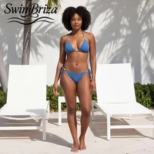 Briza｜Ribbed Triangle Bikini with Pearl Accents Ocean Blue Women's 2 Piece Swimsuit Trendy Cute Bathing Suit Set Summer Swimwear Beach Vacation Two Piece Bathing Suits for Women Style, Women's Swimwear, Bathing Suit for Women, Bikini Set