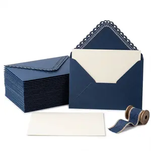 Spiritlink-20 PCS Dark Blue Lace Trim Envelopes, 17 * 11.4cm/6.69 * 4.49in,Vintage V-Flap Paper Envelopes for Wedding Invitations, Greeting Cards, Thank You Notes, Graduation and Party Announcements