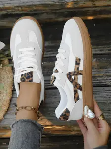 Women's Leopard Patchwork Trainers, Spring & Fall Casual Comfortable Breathable Lightweight Flat Shoes, Retro Style Daily Commute School