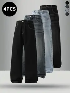 4-pack men’s jeans for autumn/winter, high cotton content, simple versatile straight-leg classic vintage jeans—men’s pants suitable for everyday commuting and casual wear.