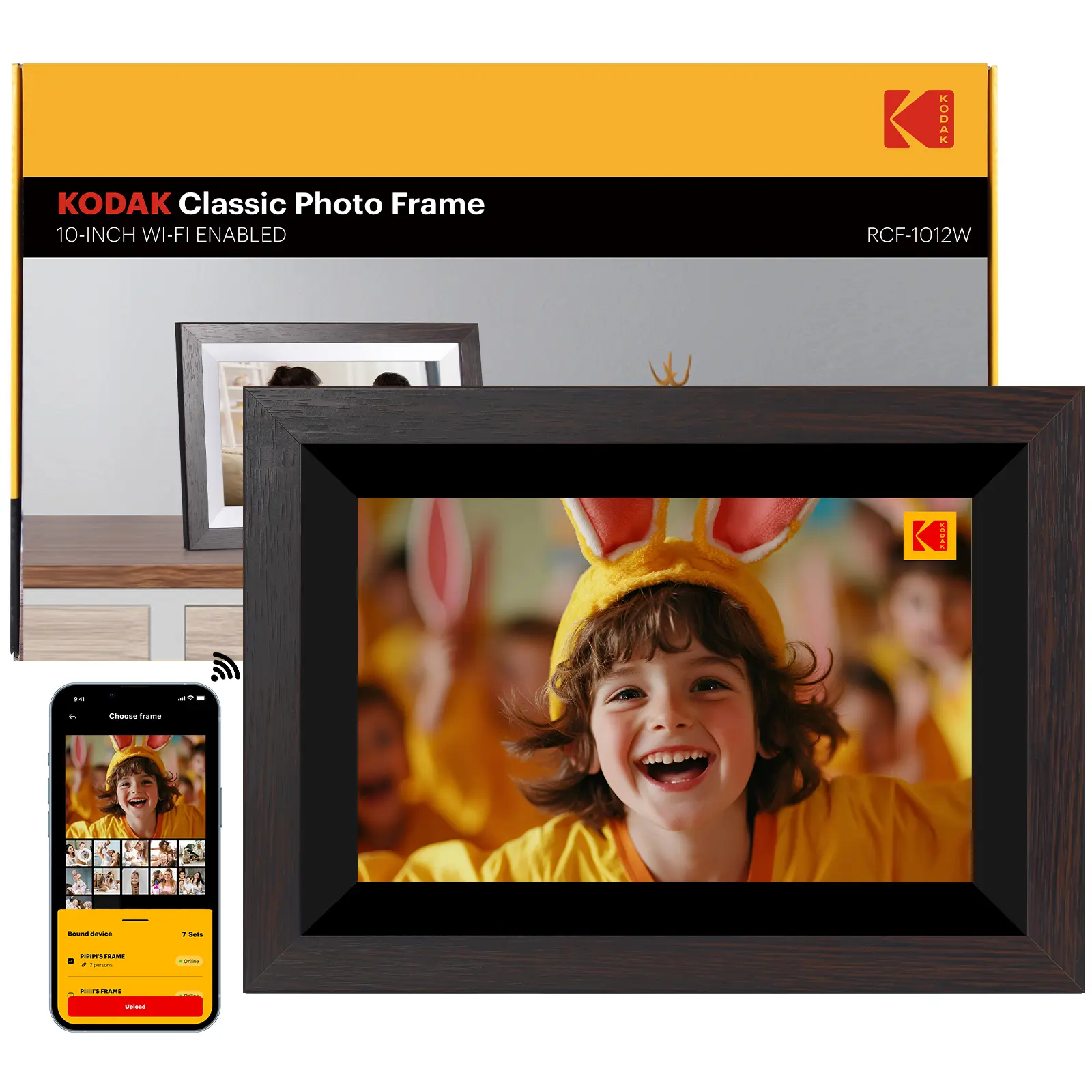 KODAK Wooden WiFi Digital Picture Frame - 10.1in 1280*800 HD IPS Touch Screen, 32GB Storage, Auto-Rotate, App-Enabled Photo/Video Sharing, Alarm Clock, Bedroom Decor for Indoors Time Display Gift for Family