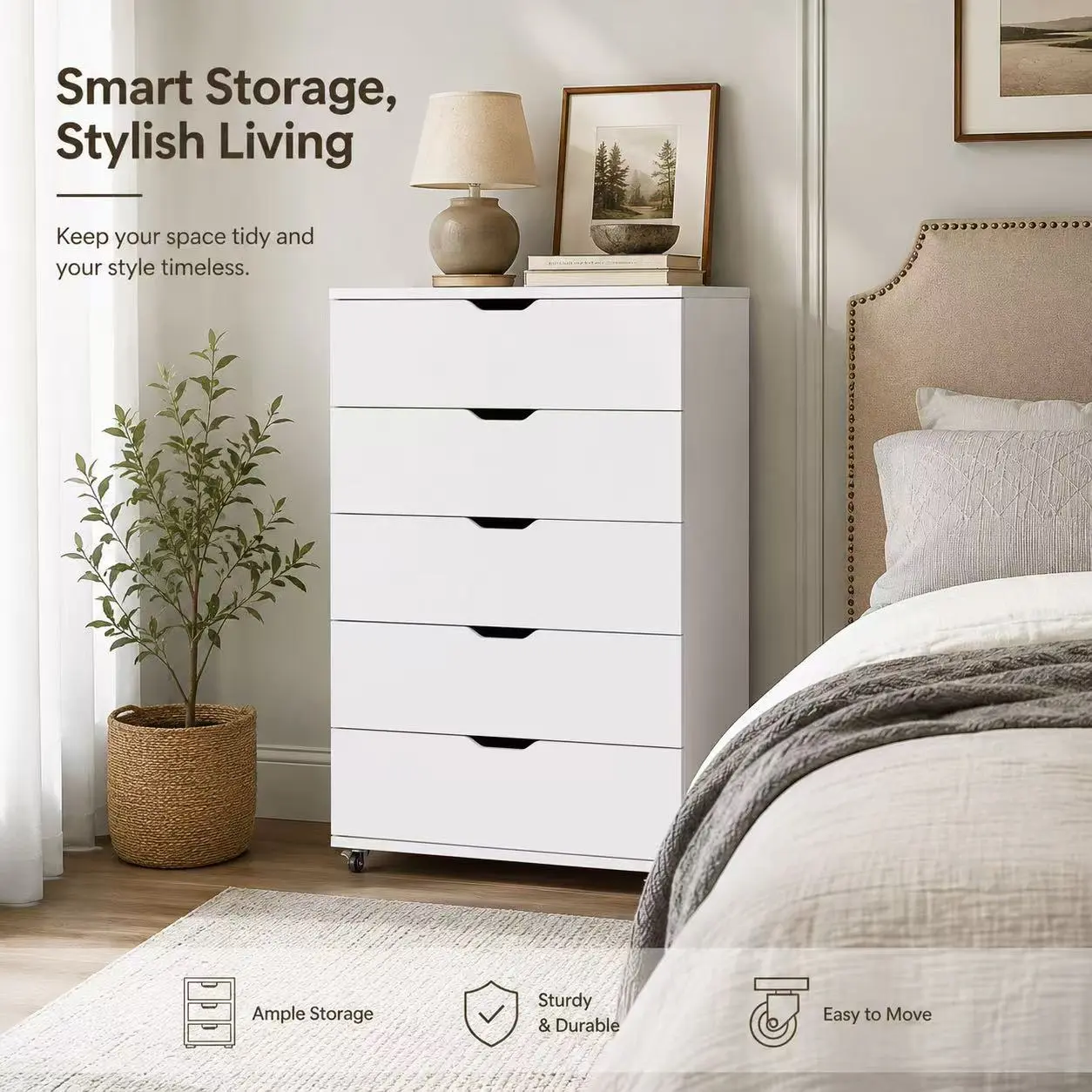 Rustic Brown Distressed Finish 5-Drawer Mobile Dresser with Rolling Casters - Extra-Deep Rectangular Drawer Chest, Space-Saving Bedroom Organizer, 30.71"W x 15.75"D x 44.49"H, Requires Setup