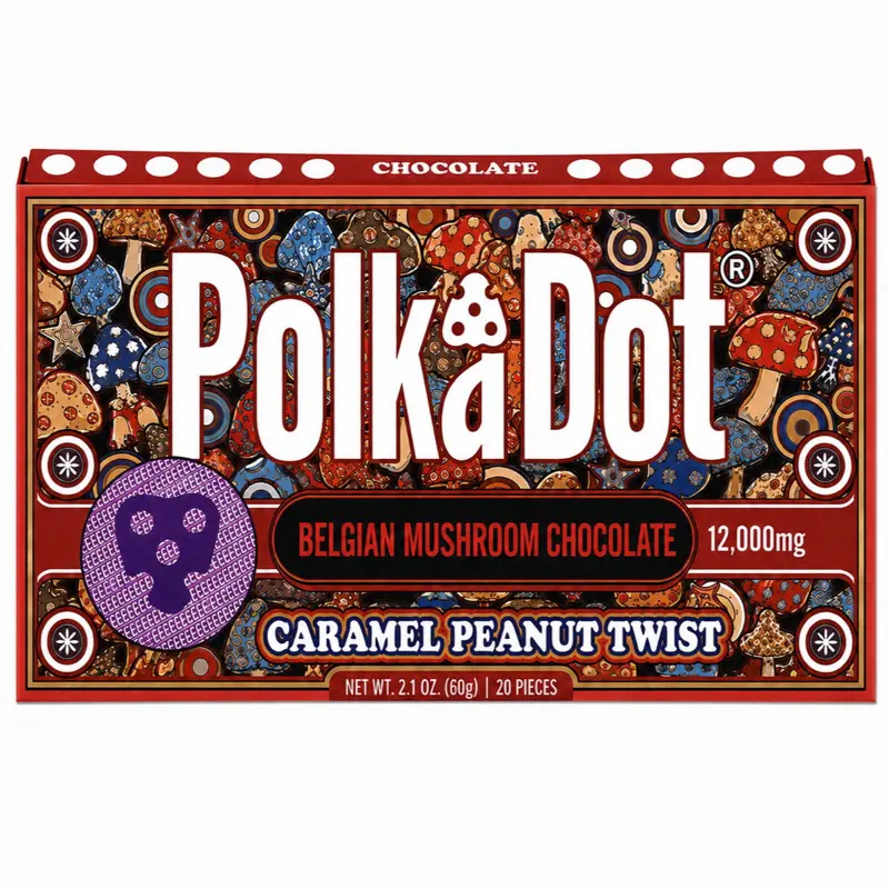 Polkadot Belgian Chocolate, 20 Count, High Potency Plant-based Mushroom Snack, Caramel Peanut Twist, 100% Organic, High-Quality Ingredients, Made in USA, All Natural, Healthy Chocolate, 20 Piece Chocolate Bar