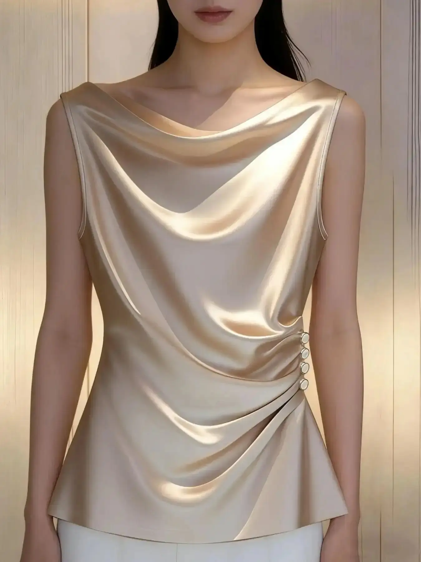 Women's Elegant Satin Blouse, Champagne Pearl Button Design, Slim Fit Side Pleat, All Season Fashion Top, Office Party Wedding Guest Formal, Chic