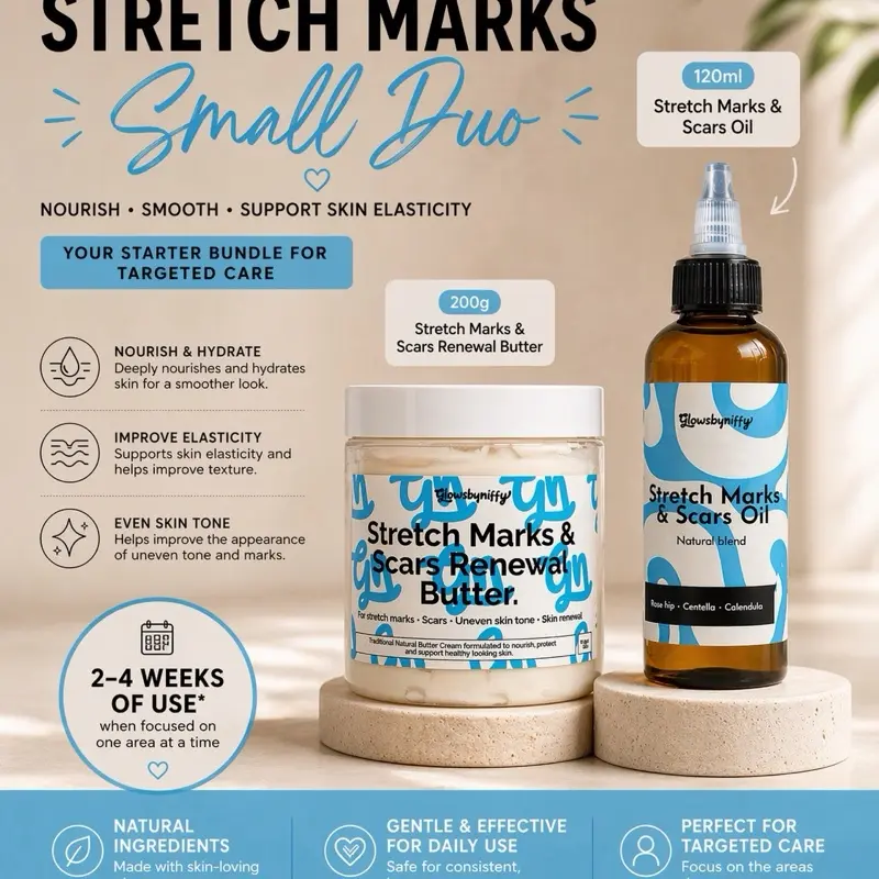Glowsbyniffy Stretch Marks & Scars Essential Duo SMALL BUNDLE (120ml Oil + 200g Body Butter)