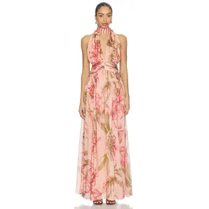 ROCOCO SAND Ruched Sash Maxi Dress in Peach