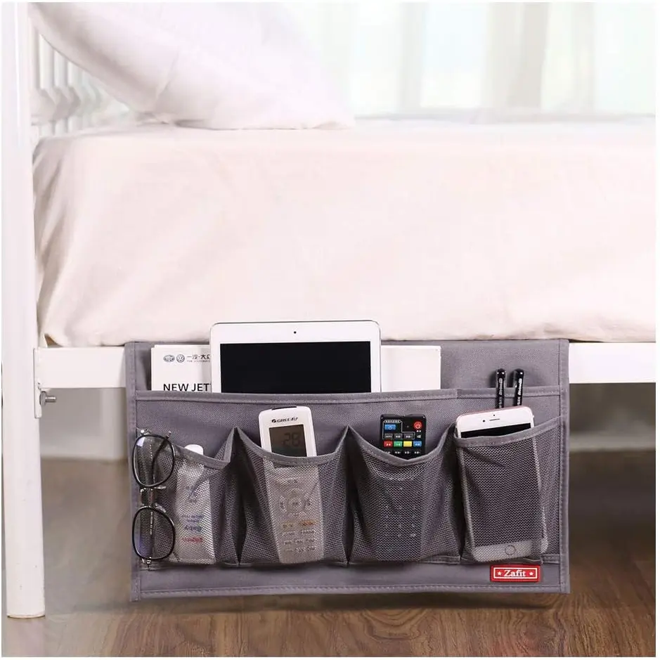 Bedside Organizer - 6 Pockets, Table for Remotes, Phone, (Grey)