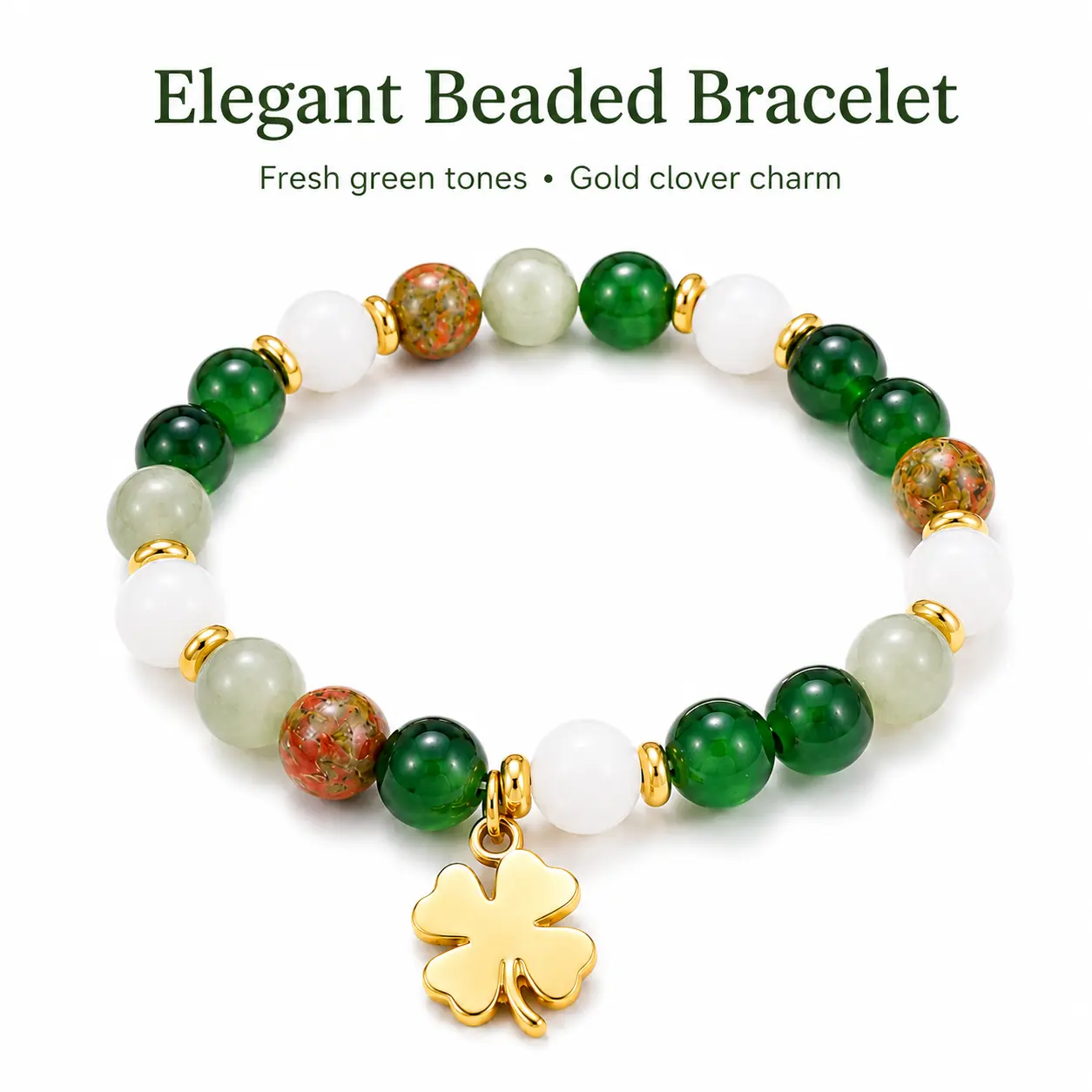 4-Leaf Clover Stretch Costume Bracelet with Mixed Imitation Green Stone Beads - Spiritual Friendship Gift for Couples, Botanical Dainty Decor Fashion Jewelry