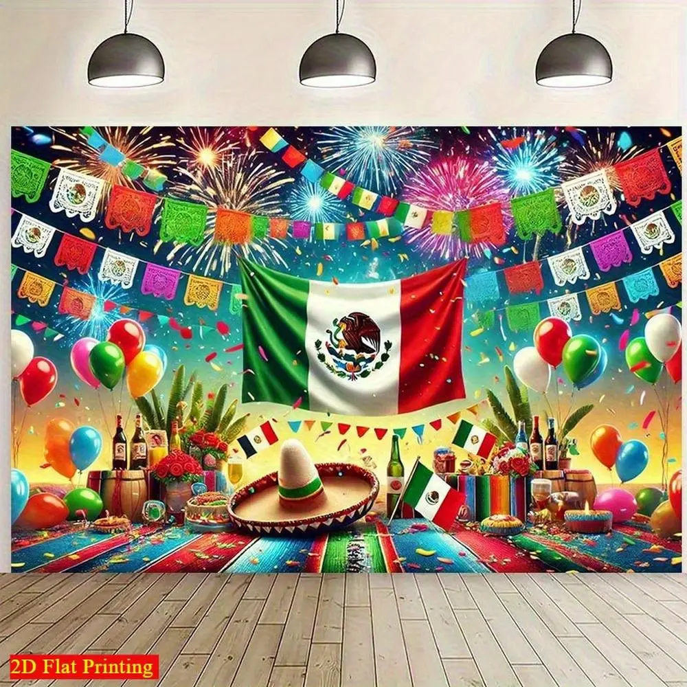1pc Large Bold 2D Flat Mexican Fiesta Party Banner - Durable Polyester, Vibrant Flag-Firework Mix Print, Sombrero Design, Happy Birthday/Birthday Ideas Decor, Garden Party Ready Indoor/Outdoor Wall Backdrop