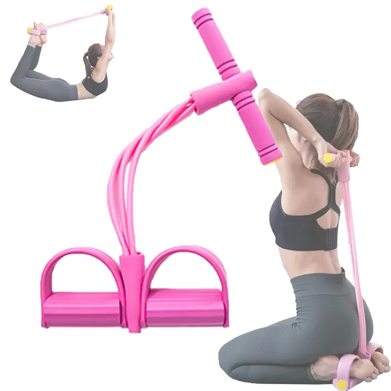 Natural Rubber Ab Simulator Resistance Bands with Pedal, 4-Tube 4m Muscle Training Exercise Equipment, Portable Workout Accessories for Low-Impact Lower Body Workouts, Home Gym Yoga/Stretching Gear with Cover & Light