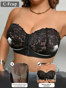 Plus Size Strapless Bra, Front Buckle Seamless Push-Up Bra, Detachable Straps, Medium Support, Elegant Fitted Bra for All Seasons, Leaf
