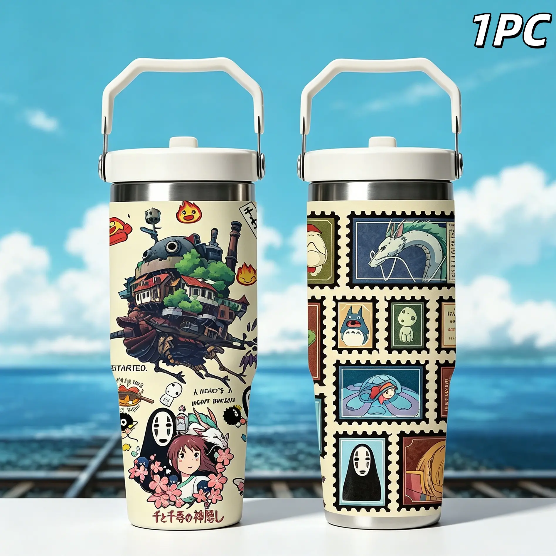 30oz Ghibli Anime Daily Travel Stainless Steel Cup Leakproof With Handle Flasks Tumbler