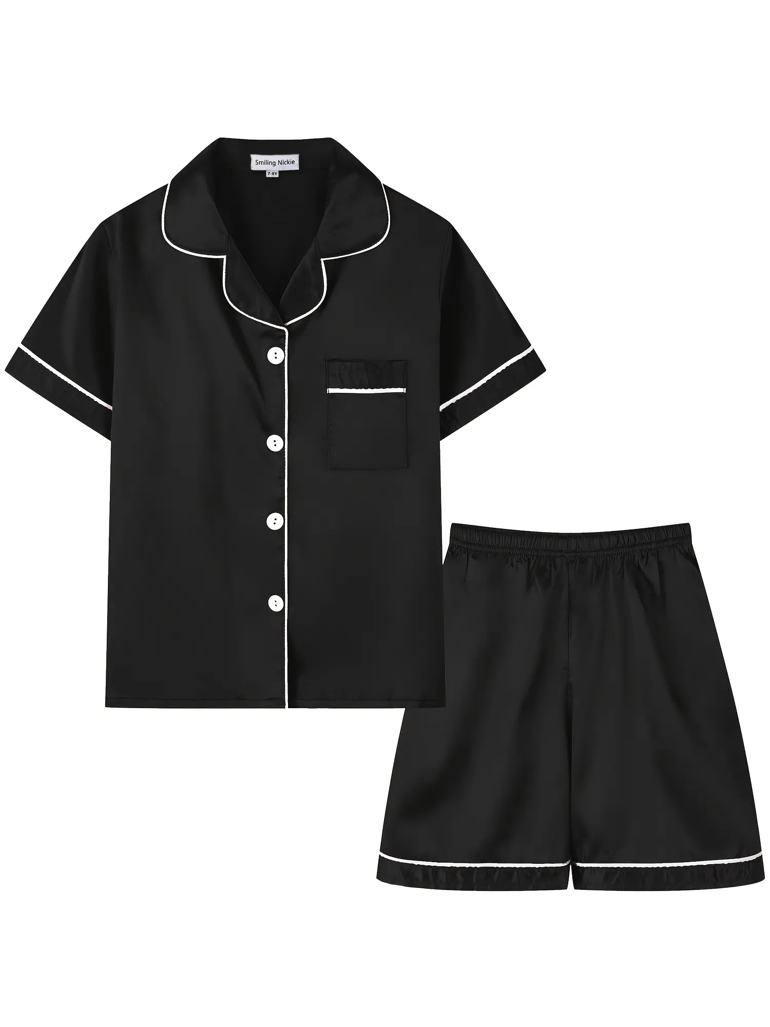 Girls Pajamas Set Kids Summer Pajamas for Girls | Classic Black Satin Silk Short Sleeve Shorts Pjs | Comfy Button Down Girl Pajamas Set | Kids Pjs Luxury Sleepwear Loungewear Cozy Nightwear Clothes | Smooth Solid Short Pajama Sets