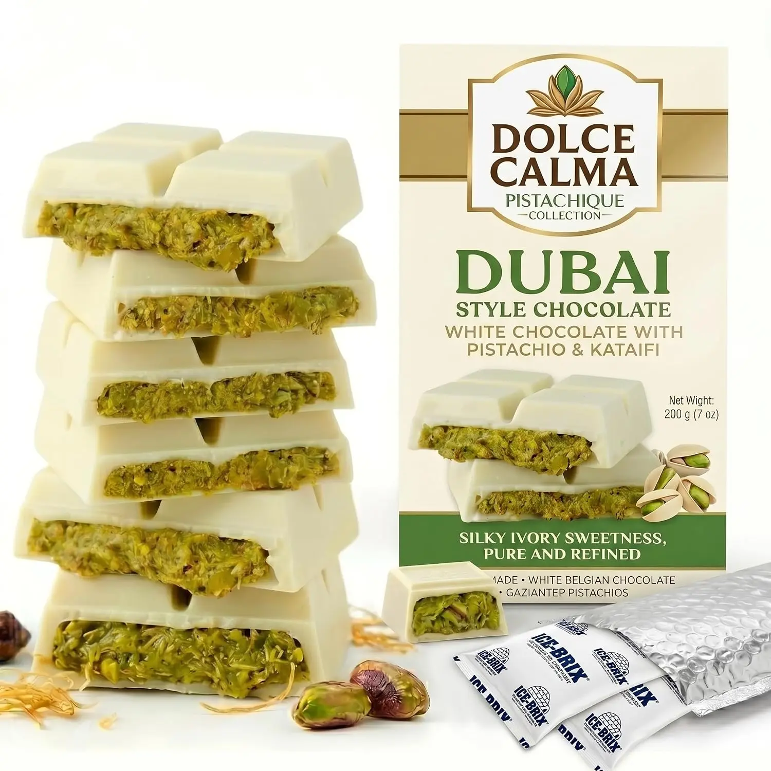 Dolce Calma White Dubai Chocolate Bar (200g/7oz) - Authentic Handmade Belgian Chocolate with Turkish Pistachio, Crispy Kataifi, Kunafa Filling, No Palm Oil, Ships With 2 Ice Gel Packs