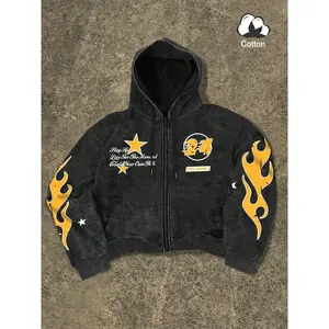 Men's Regular Fit Star & Fire Print Zip Up Hoodie, Graphic Print Hoodie, Casual Comfy Long Sleeve Hooded Outerwear for Spring & Fall, Fashion Men's Clothes for Daily Wear, Sweatshirts, Cotton, Casual Pullover Hoodies