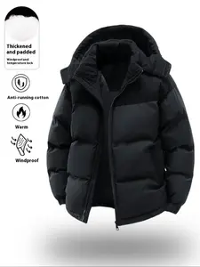 Men's Casual Hooded Down Jacket with Polyester Fiber Filling, Solid-Color Long Sleeve Warm Outerwear with Detachable Hat for Winter, Casual Wear Coat