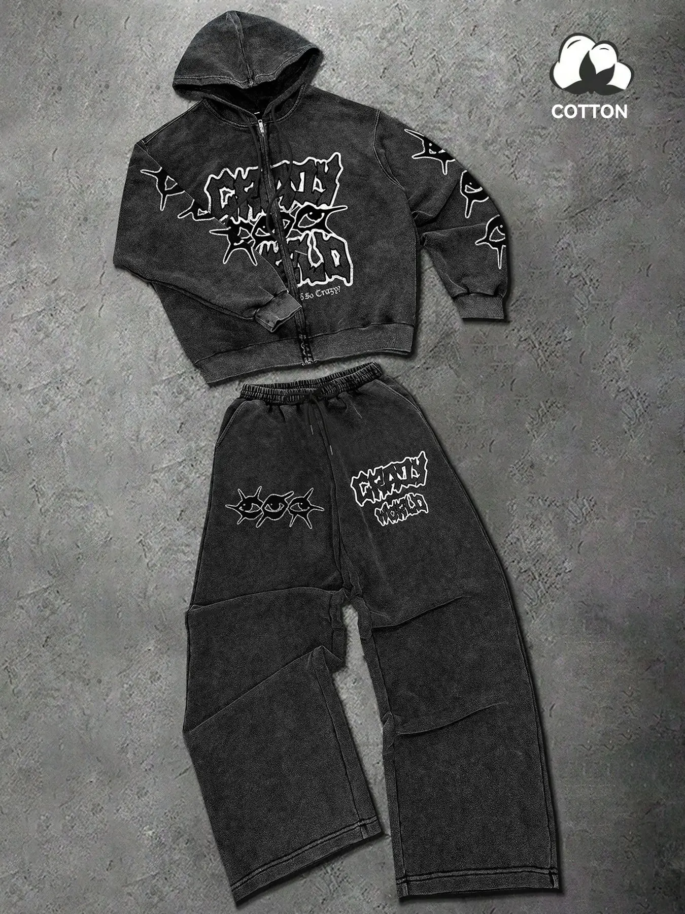 Unisex Dark Style Loose Zip Long Sleeve Hoodie Set, Washed Vintage Warm Wide Leg Sports Pants, Distorted Pattern Print, High Street Casual Home Wear