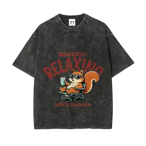 Breezily Relaxing Squirrel Graphic T-Shirt Washed Oversized Streetwear Tee Funny Outdoor Summer Top for Menswear