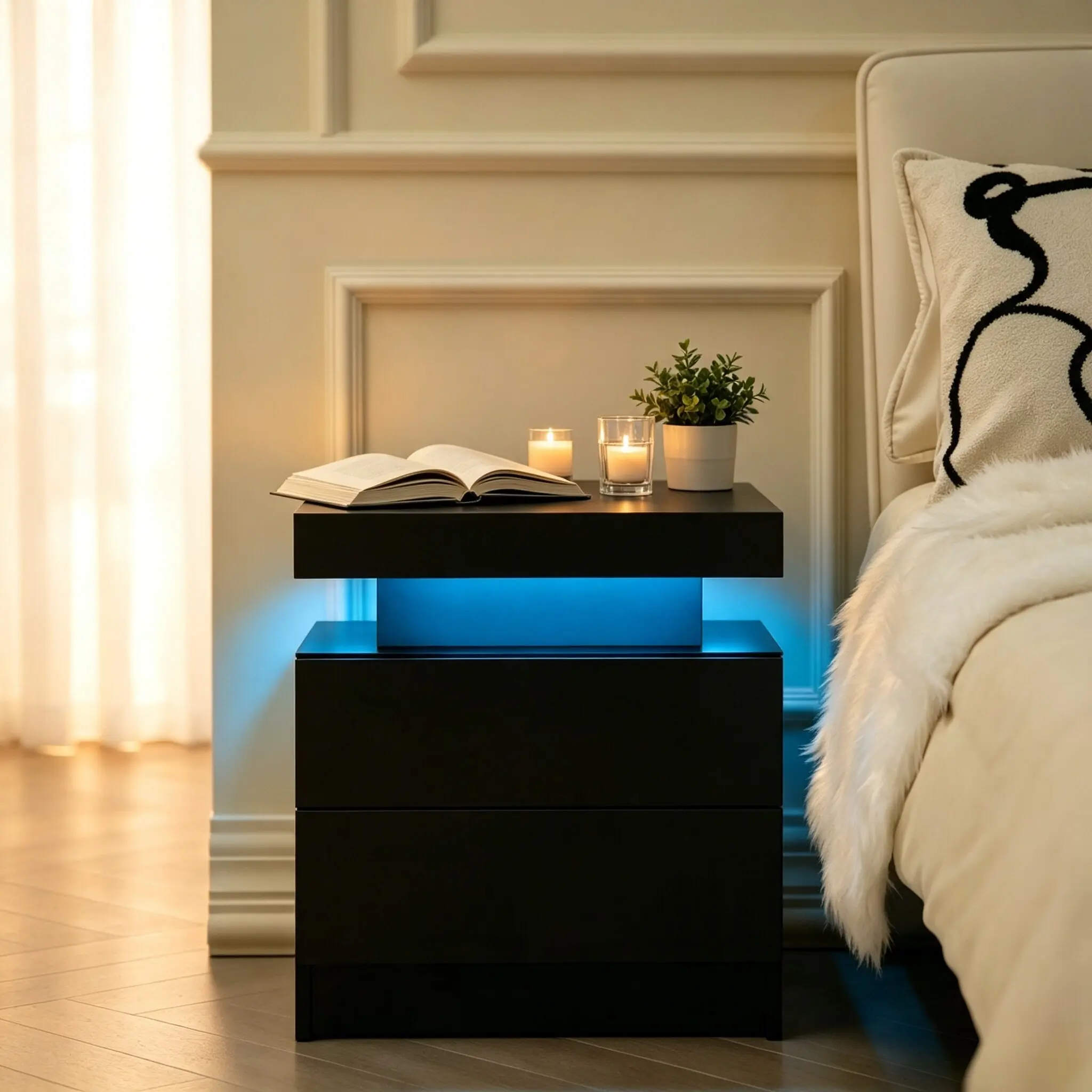 Dufominc Modern LED Bedside Table with Color – Brightness & Strobe Adjustable, 2-Drawer Nightstand with Spacious Top & Open Storage, Versatile Sofa Side Table for Bedroom, Living Room