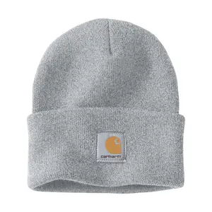 Carhartt Heather Grey Rib Knit Cuffed Beanie - A18-HGY, 100% Acrylic High-Quality Adjustable Fold-Up Cuff Knitted Hat, Patch Detail, Men's Clothing Accessory, Casual Birthday Gift, Men's Accessories, Gifts For Him
