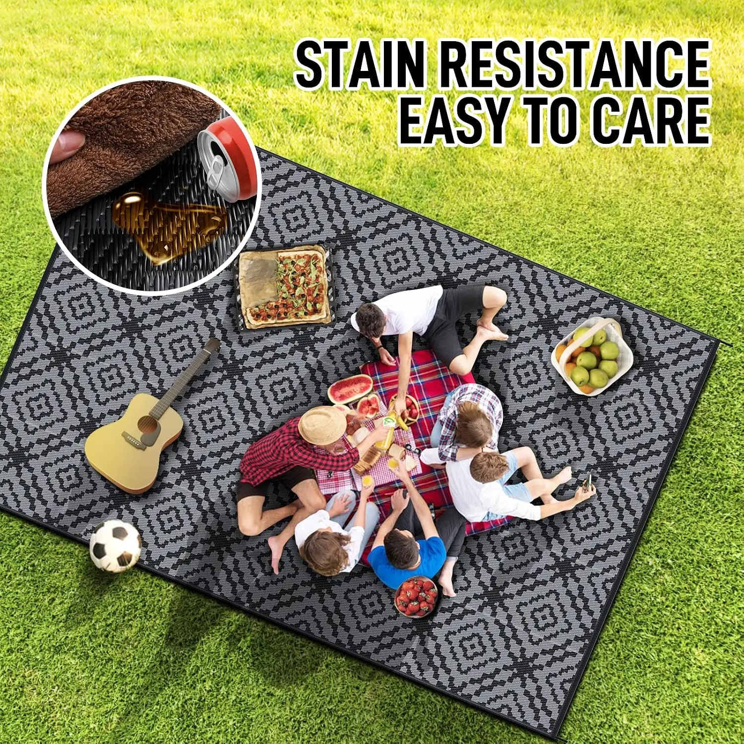 9'x18' Traditional Outdoor Area Rug - Double-Sided Recycled Straw Plastic Mat, Fade-Resistant, Waterproof, Portable, Non-Slip, Geometric Letter-Patterned, Hand Wash Only for Backyard, Hotel Swimming Pools