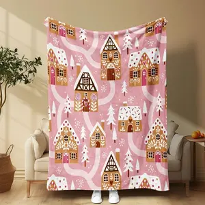 Kringle Express Gingerbread House Pattern Blanket 1 Count Soft Microfiber Throw for Home Office Travel Camping Festive Design Cozy Bedding 100% Polyester Woven
