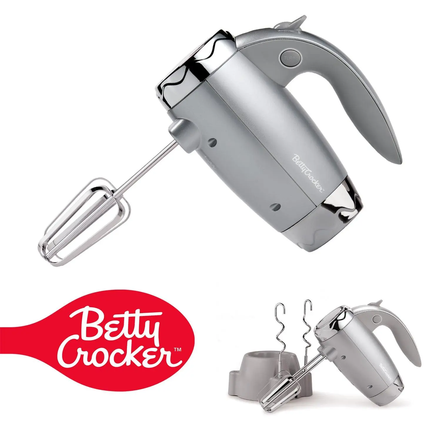Betty Crocker 7-Speed Power-Up™ Hand Mixer with Stand, 300 Watt Electric Mixer with Beaters and Dough Hooks, Ergonomic Electric Hand Blender for Home & Kitchen with Stand, BC-4208S, Silver