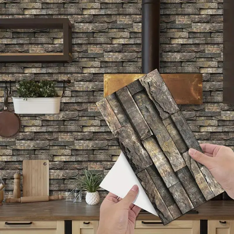 3D Vintage Faux Wall Tile Self-adhesive Sticker, Waterproof & Moisture Resistant Wall Sticker for Kitchen, Living Room & Bathroom, Peel and Stick Decorative Wallpaper Designs