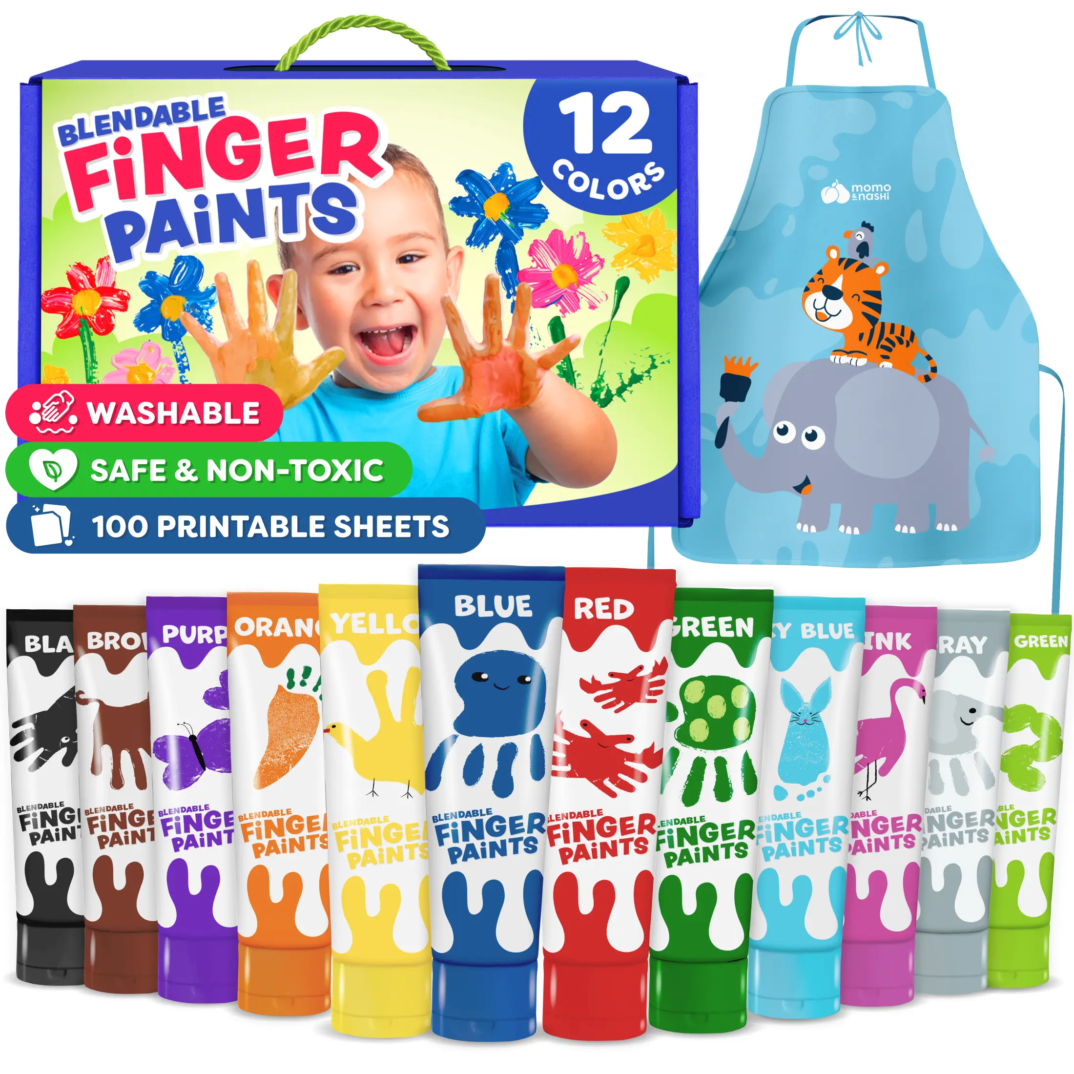 Momo & Nashi Finger Paint for Toddlers - [Back to school shopping] - Washable Paint for Kids - Non Toxic Baby Safe Toddler Art Supplies