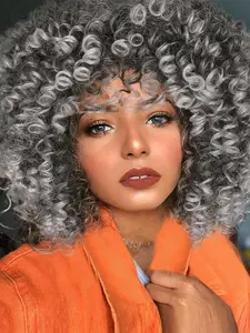 Curly Wigs for Women 14 Inches Kinky Curly Afro Wig with Bangs Ombre Gray Color Synthetic Mixed Wig for Cosplay and Daily